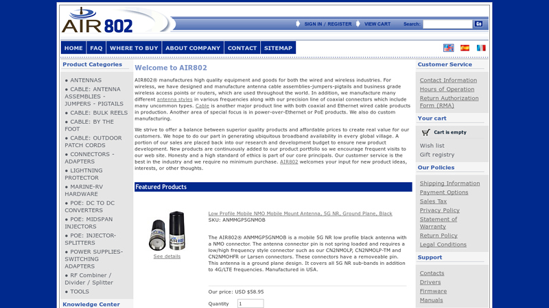 AIR802 manufacturing antennas, cable, connectors and PoE products