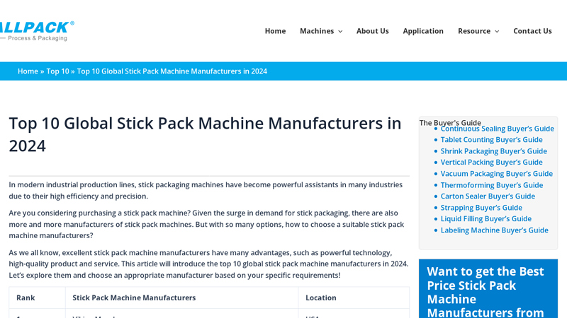 Image of Top 10 Global Stick Pack Machine Manufacturers in 2024