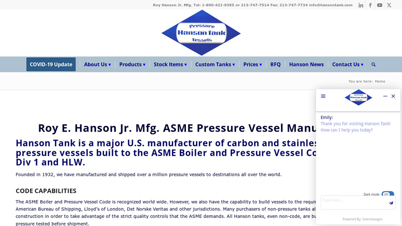 ASME Pressure Vessel Manufacturer in the US | Hanson Tank