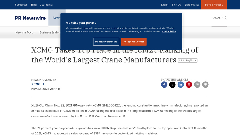 Image of XCMG Takes Top Place in the ICM20 Ranking of the World