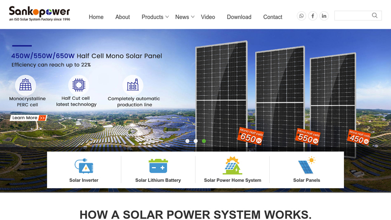 China factory and supplier of LIFEPO4 Lithium Solar Battery Pack, Off Grid/Hybrid Solar Inverter, Solar PV Modules and Solar Power Home System - SankoPower Solar System was established